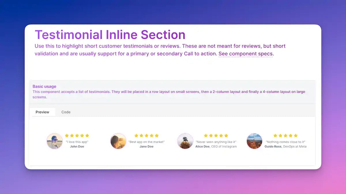 Landing Page Testimonial Inline Item Component